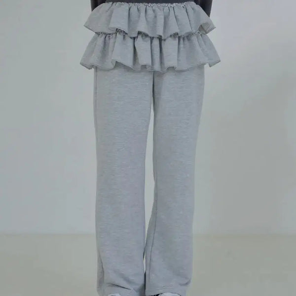 [BUNJANG] Ruffle Tiered Training Pants - Gray / 프릴캉캉 레이어드 트레이닝 바지 그레이