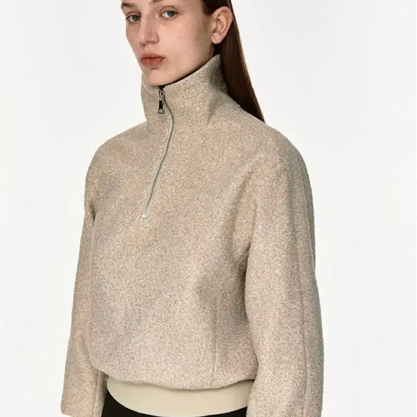 [BUNJANG] Mohan Boucle High-Neck Zip-Up Top - Beige / 모한 부클 하이넥 집업탑 베이지컬러