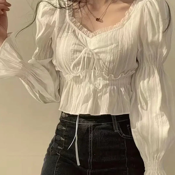 [BUNJANG] Puff Lace Ribbon Blouse Long Sleeve White / 퍼프 레이스 리본 블라우스 긴팔 화이트