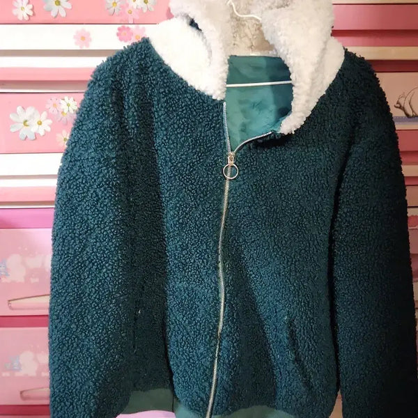 [BUNJANG] Fleece Hooded Zip-Up Deep Green / 후리스 후드집업 딥그린 77도잘맞음세탁완료