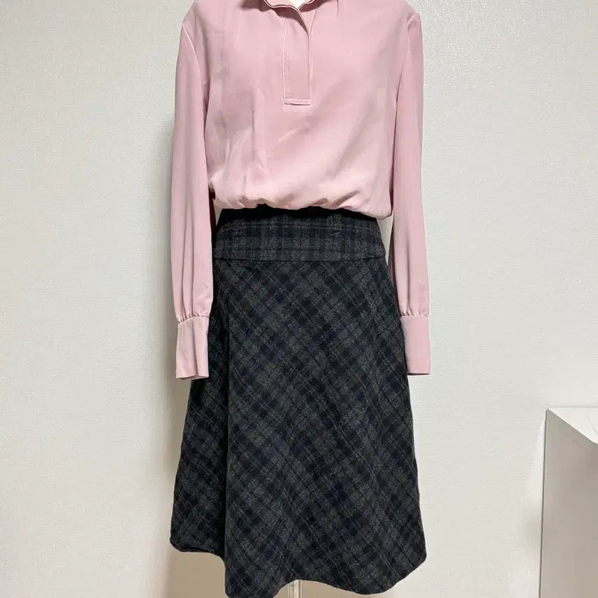 [BUNJANG] Pink Plaid Pattern Midi Dress / 핑크색 카라 체크 패턴스커트 원피스