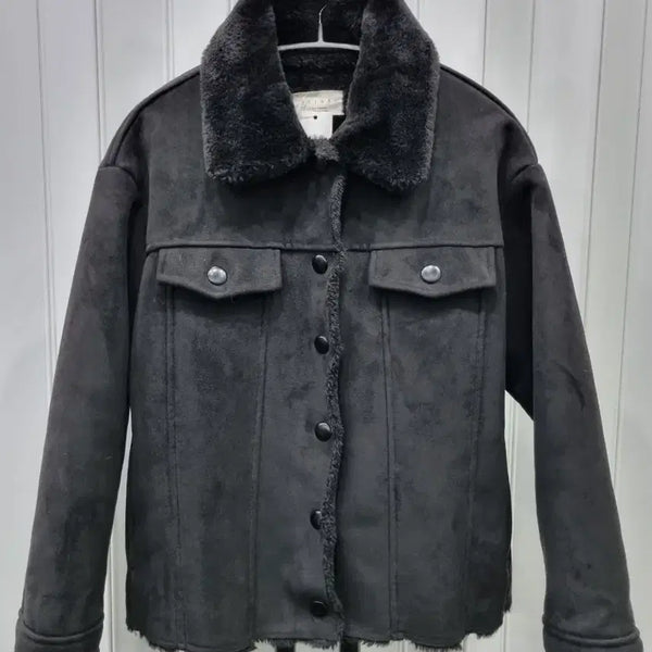 [BUNJANG] Faux Suede Fur Collar Jacket Black / 인조 스웨이드 퍼 카라 자켓 블랙
