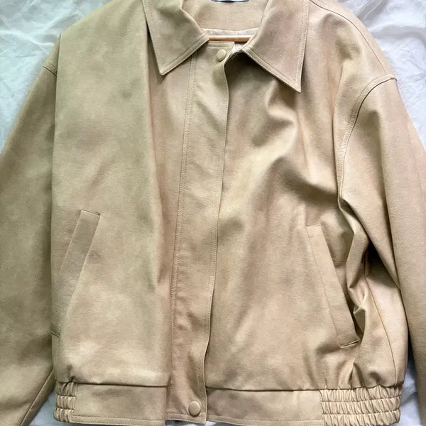 [BUNJANG] Unisex Butter Beige Leather Oversized Jacket / [새상품] 레더 자켓 버터베이지