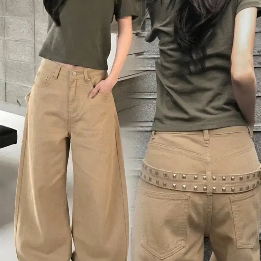 [BUNJANG] Stud Belted Pants Beige / 스터드 벨티트 팬츠 베이지