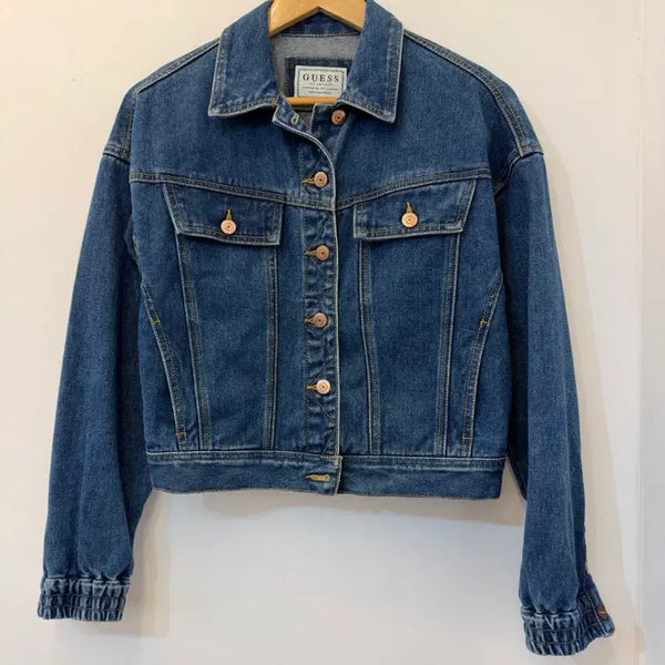 [BUNJANG] Guess Blue Medium Wash Oversized Crop Denim Jacket / 게스 파란 중청 오버핏 크롭 청자켓