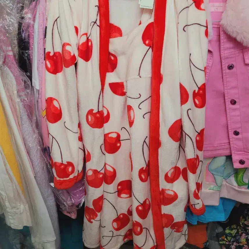 [BUNJANG] Cherry Pattern Sleep Robe Gown Set / 체리 패턴 수면 로브 가운 세트
