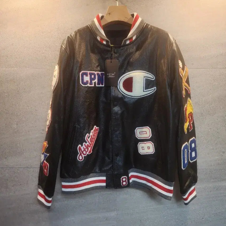 [BUNJANG] Real Leather Patch Artwork Varsity Jacket (Unworn) / 리얼 레더. 패치 아트워크. 바시티 자켓. 미착.
