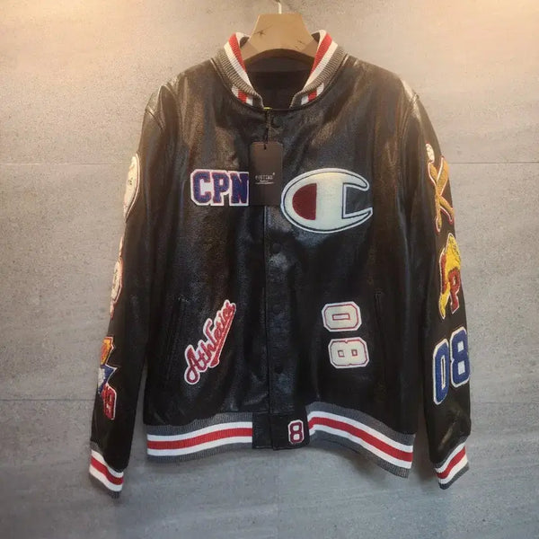 [BUNJANG] Real Leather Patch Artwork Varsity Jacket (Unworn) / 리얼 레더. 패치 아트워크. 바시티 자켓. 미착.