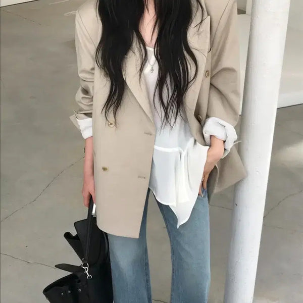 [BUNJANG] Nude Collect Classic Double Jacket Beige / 새상품 누즈 콜렉트 클래식 더블 자켓 베이지 루즈핏 자켓 르버터 도매택 더롯 메이비베이비 유이니 프릴리 지그재그