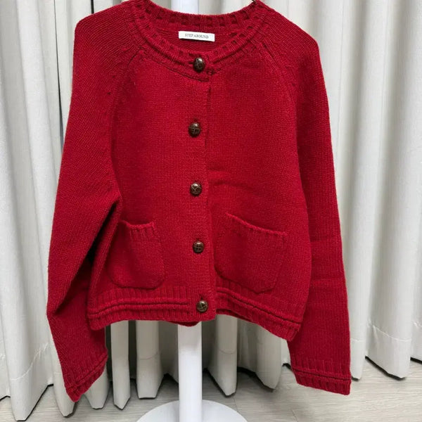[BUNJANG] Step Around Rib Line Raglan Cardigan Red / [스텝어라운드] rib line raglan cardigan 레드