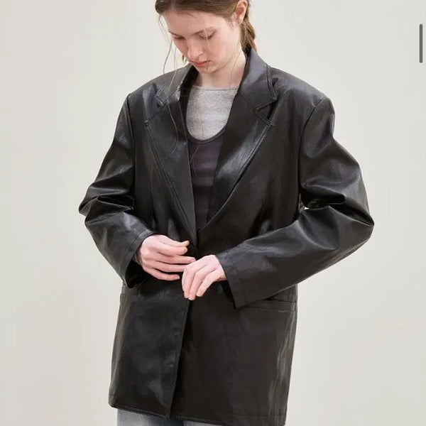 [BUNJANG] Le Oversized Leather Blazer Black / Le 르 오버핏 가죽자켓 블레이저 블랙