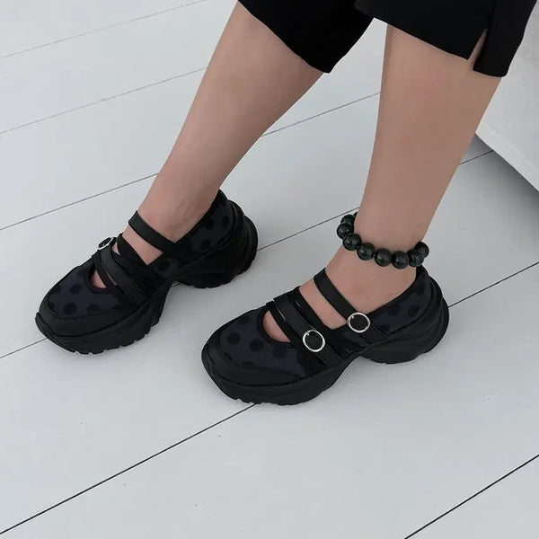 [BUNJANG] Dot Mary Jane Platform Sneakers - Black / @9602 도트 메리제인 운동화 6cm 플랫폼 땡땡이 가죽 스니커즈-블랙