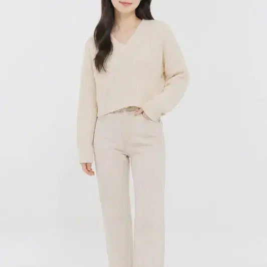 [BUNJANG] F/Again Us V-Neck Beige Knit / 여F/어게인어스 브이넥 베이지 니트