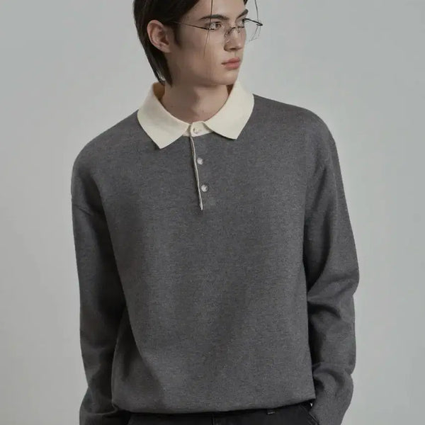 [BUNJANG] Two-Tone Collar Knit Sweater (Gray, L) / 새상품) 세미 오버핏 투톤 카라 니트 그레이 L