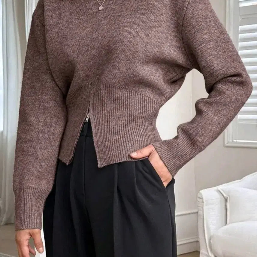 [BUNJANG] Camel Cropped Zip-Up Knit / 카멜 크롭 집업 니트