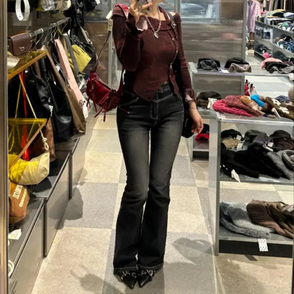 [BUNJANG] Y2K Style Bootcut Off-Shoulder Coordinate Set / 빈티지 y2k 느낌 부츠컷 오프숄더 코디세트 판매
