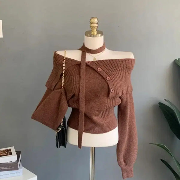 [BUNJANG] Brown Knit Off-Shoulder Top / 브라운 니트 오프숄더