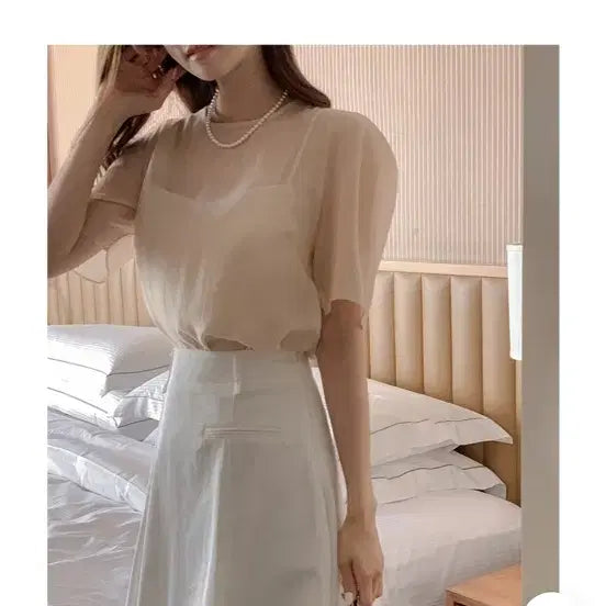 [BUNJANG] See-Through Short Sleeve Blouse Set / [나시set] 시스루 반팔 블라우스