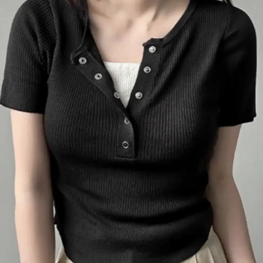 [BUNJANG] Layered Short-Sleeve Knit Top / 레이어드 반팔 니트