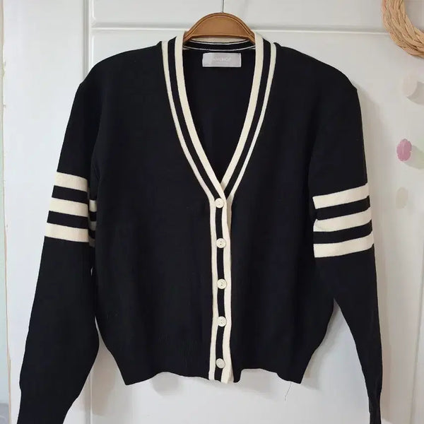 [BUNJANG] NAMING Color Block Cardigan Black / 네이밍 배색 가디건 블랙 55~66