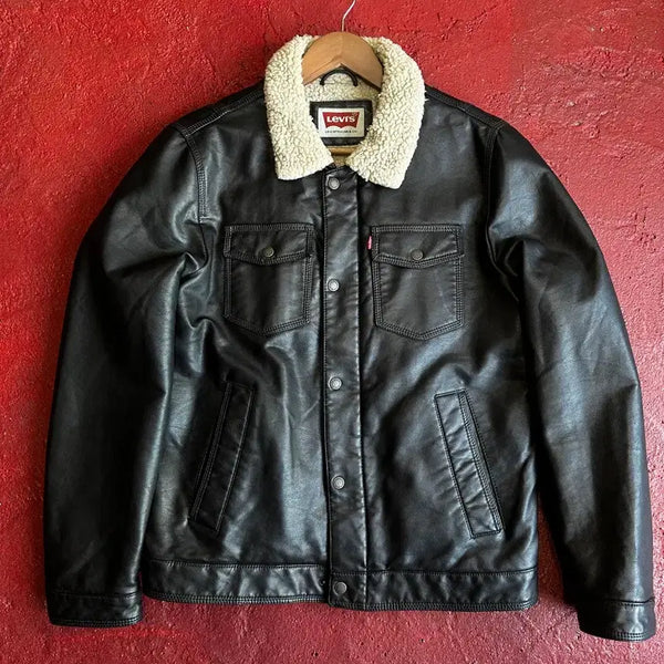 [BUNJANG] Levi's Boa Lined Leather Trucker Jacket / Levis 리바이스 보아 라이닝 레더 트러커 자켓