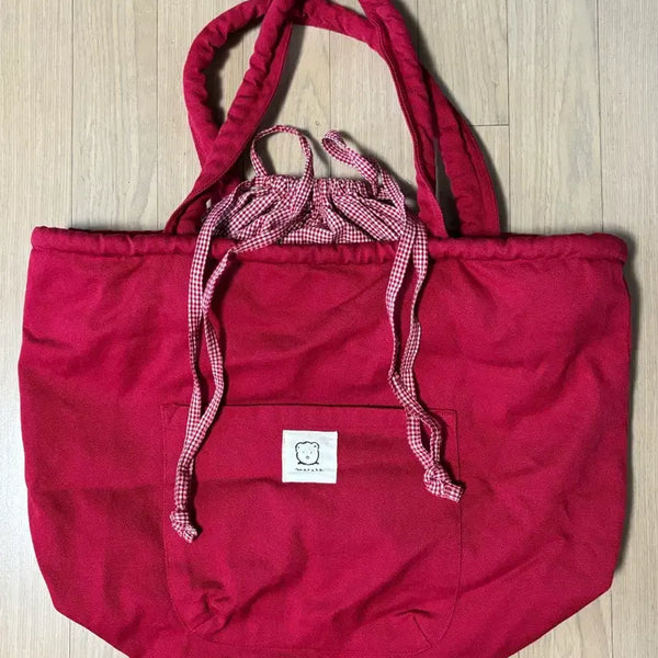 [BUNJANG] Red Plaid Drawstring Vintage Shoulder Bag / 레드 체크무늬 복조리 빈티지 숄더백