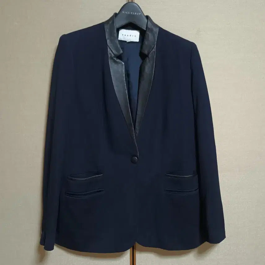 [BUNJANG] Sandro Navy Leather Collar Transitional Jacket Size 38 / 산드로 간절기용 자켓 네이비 레더 카라 38