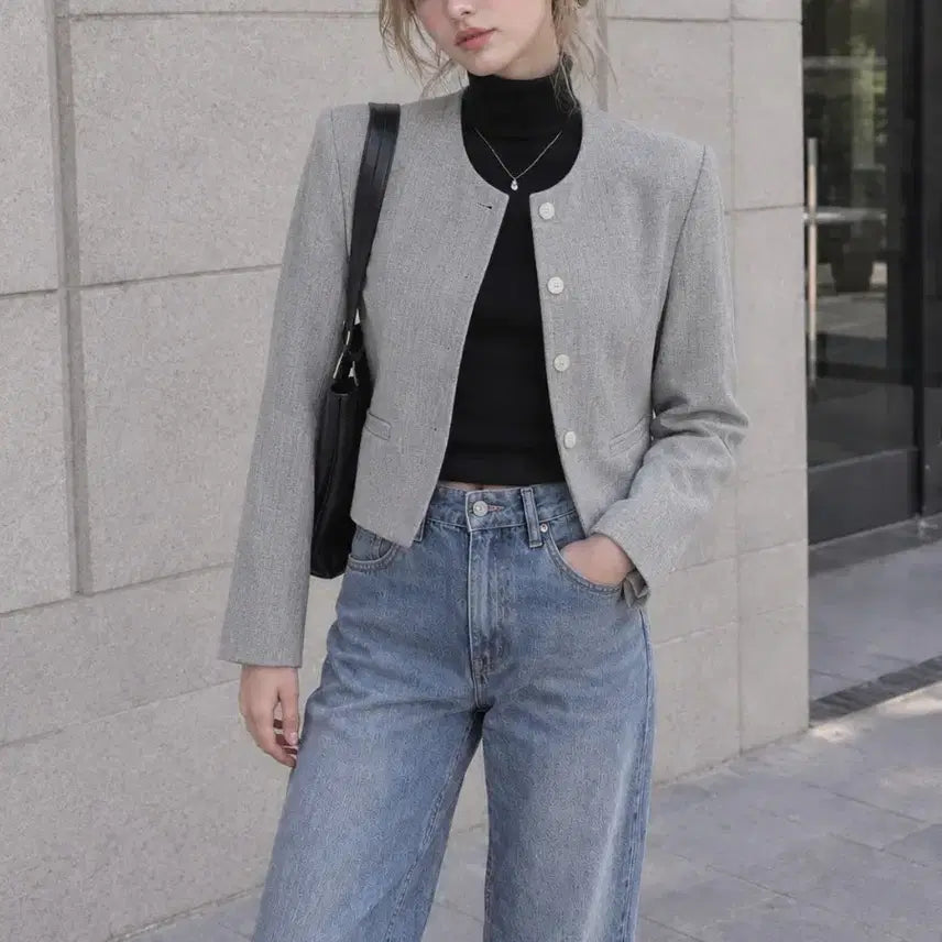 [BUNJANG] Benefit Round Neck Cropped Jacket / 베네핏 라운드넥 크롭 자켓