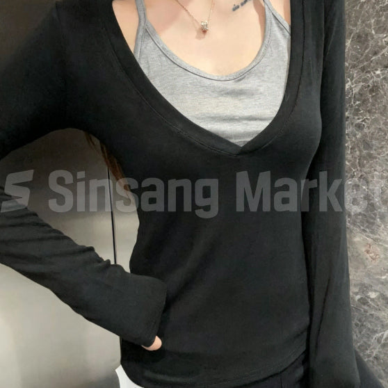 [BUNJANG] Jessi Deep V Sleeveless Inner Long Sleeve Slim Fit Basic Layering T-Shirt / [빠른발송] 제시 딥브이 나시 이너 긴팔티 여리 무지 기본 레이어드 슬림