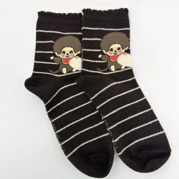 [BUNJANG] Sekiguchi Monchhichi Stripe Socks Dark Brown / 일본 세키구치 몬치치 스트라이프 양말 다크브라운