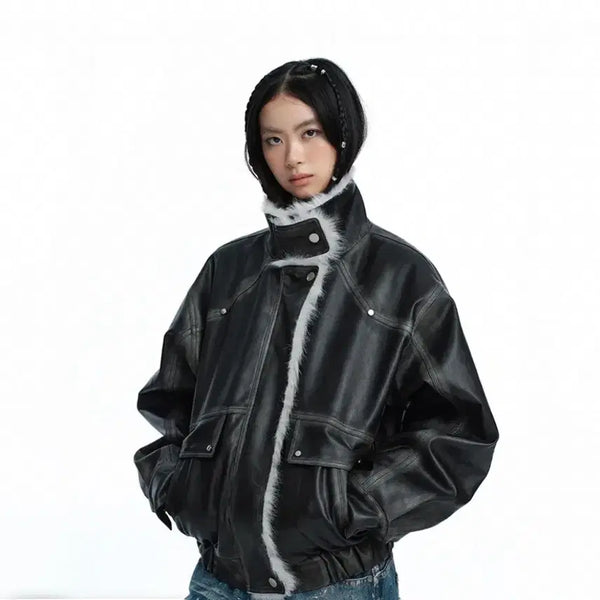 [BUNJANG] Washed Leather Mock Fur Jacket - Gray / 러프넥 워싱 레더 무스탕 자켓 그레이