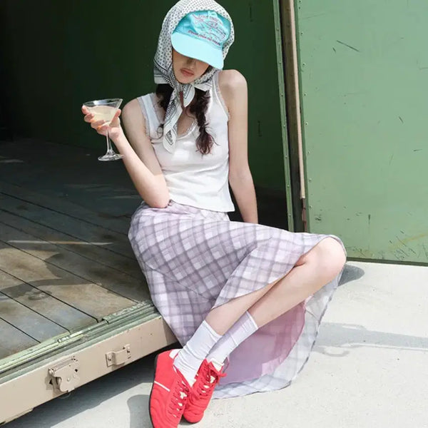 [BUNJANG] Etmon Check Midi Skirt (Pink, Medium) / 에트몽 체크 미디 스커트 (핑크 m)