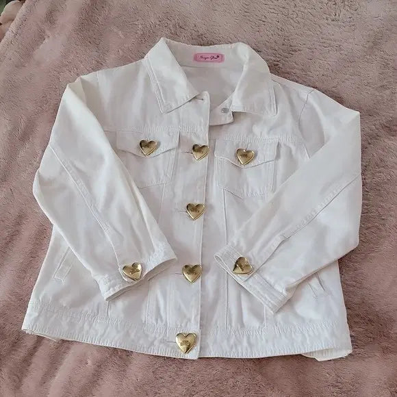 [BUNJANG] Mars Sugar Gloss Heart Button White Denim Jacket / 마즈 슈가글로스 하트 단추 화이트 데님 자켓