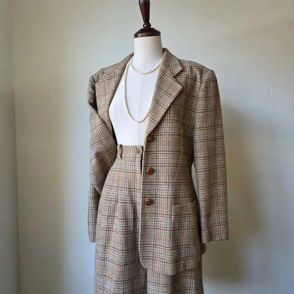 [BUNJANG] Check Wool Setup Jacket Culotte Pants Set / 체크 울 셋업 자켓 큐롯 팬츠 세트