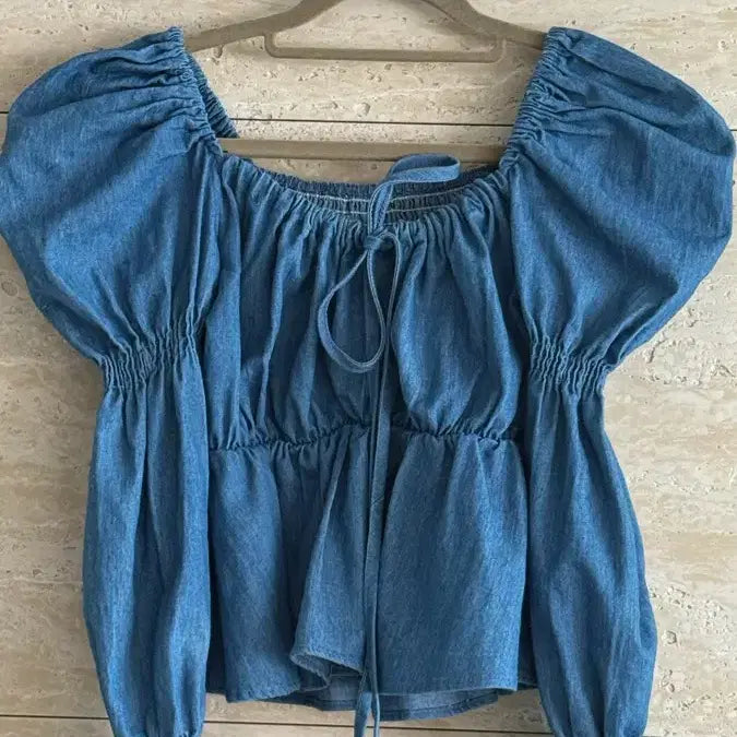 [BUNJANG] Blue Denim Puff Sleeve Square Neck Blouse / 청 데님 퍼프 소매 스퀘어넥 블라우스