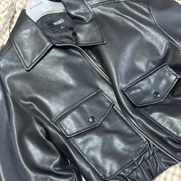 [BUNJANG] MICHAA Black Leather Crop Jacket S / 미쏘 블랙 레더 크롭 자켓 S