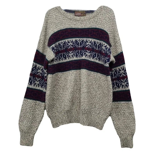 [BUNJANG] Vintage Pattern Graphic Round Neck Knit Sweater M / 베이지 울 빈티지 패턴 그래픽 라운드 니트 M