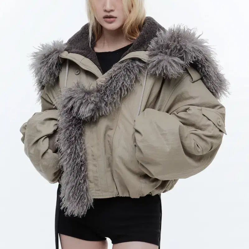 [BUNJANG] Hooded Shearling Bomber Jacket Beige / HOODED SHEARLING BOMBER JACKET BEIGE