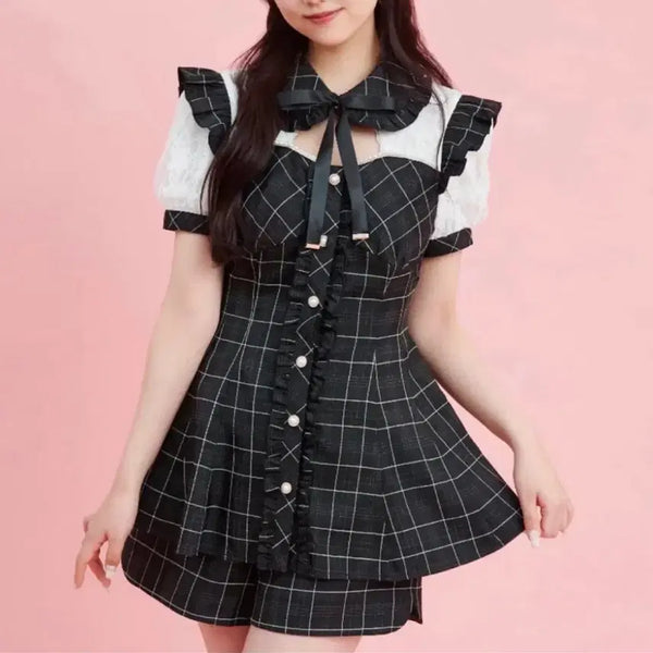 [BUNJANG] Secret Honey Checkered Black Setup Set / {시크릿허니} 시허니 체크블랙 셋업