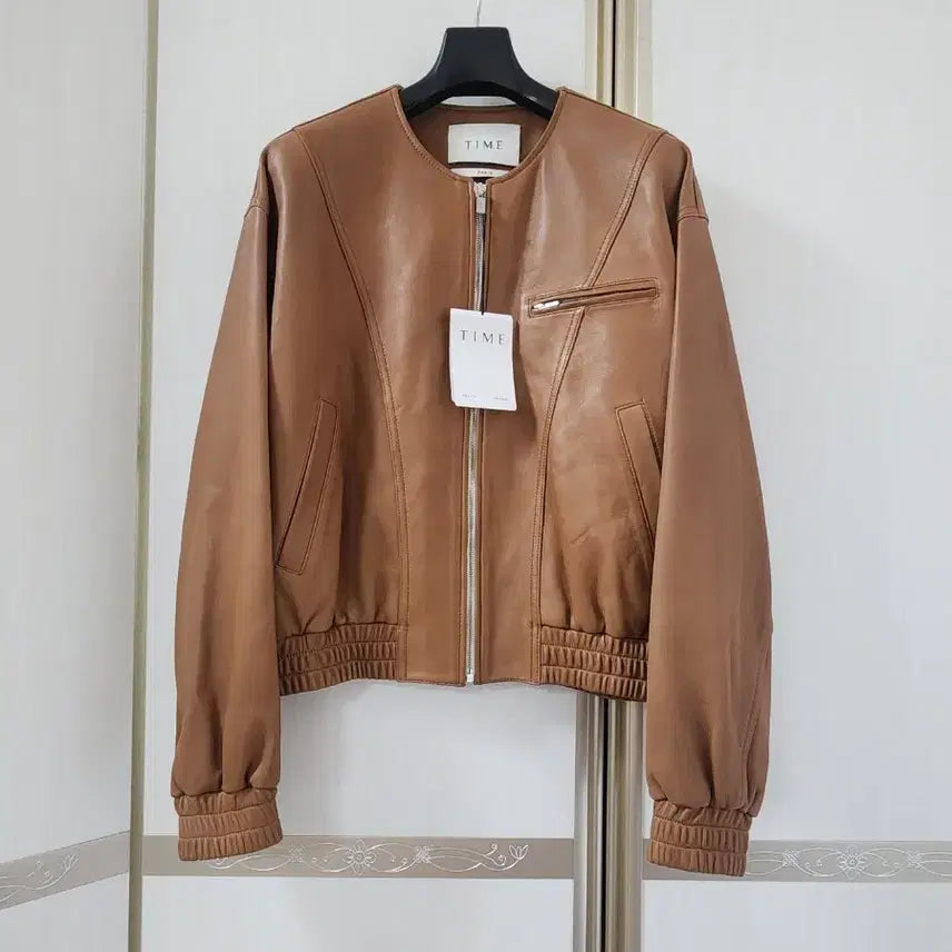 [BUNJANG] TIME Lambskin Collarless Zip-Up Jacket / 한섬 타임 램스킨 칼라리스 집업 자켓 점퍼 양가죽자켓 . 새상품