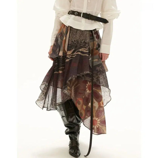 [BUNJANG] MAMC Retro Patchwork Print Irregular Ruffle Long Skirt / MAMC 레트로 패치워크 프린트 불규칙 러플 롱스커트