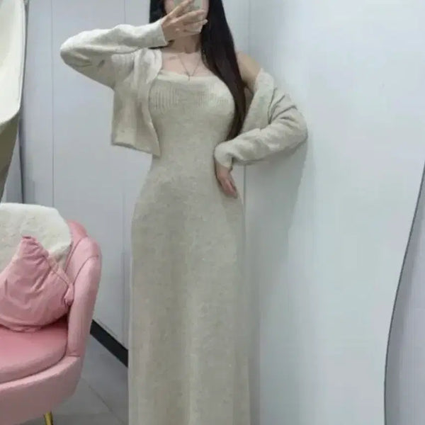 [BUNJANG] Wool Angora Cardigan & Maxi Dress Set / 울앙고라 가디건 롱 맥시 원피스 세트