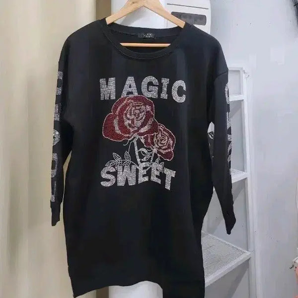 [BUNJANG] Black Rose Cubic Sweatshirt / 새상품  블랙 장미 큐빅 맨투맨