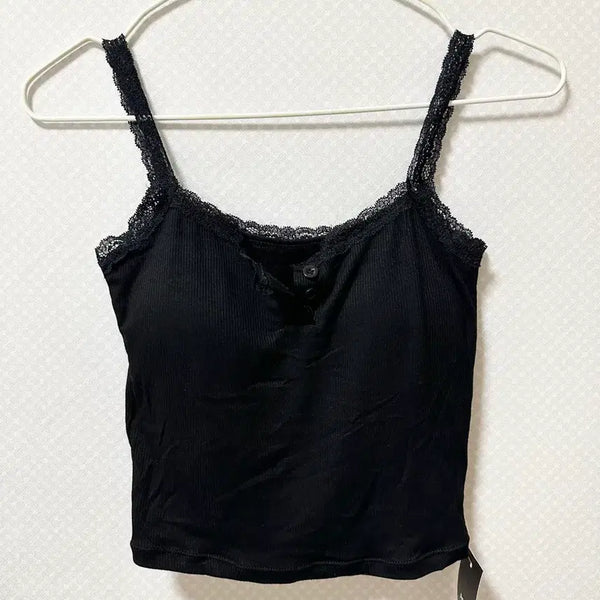 [BUNJANG] Dot Lace Button Cami Top Black / 레이스 단추 캡나시 도트 캡나시 검정