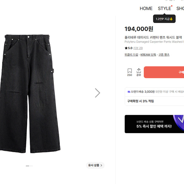 [BUNJANG] Politeru Damaged Carpenter Pants Washed Black / [2]폴리테루 데미지드 카펜터 팬츠 워시드 블랙