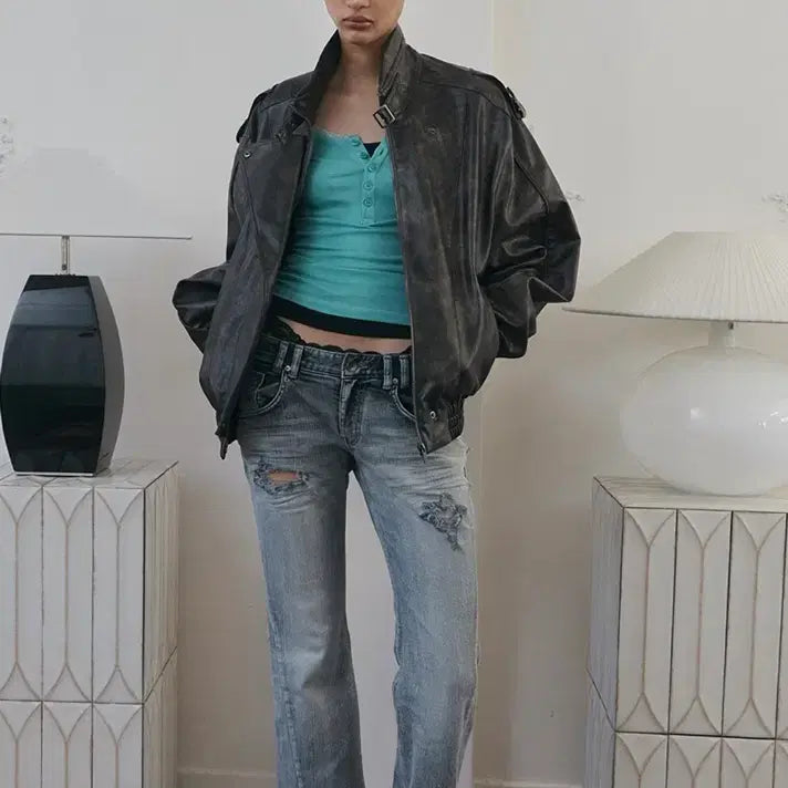 [BUNJANG] PLEASENOFOLOW Washed Brown Bomber Jacket / 플리즈노팔로우 봄버자켓(워시드브라운)