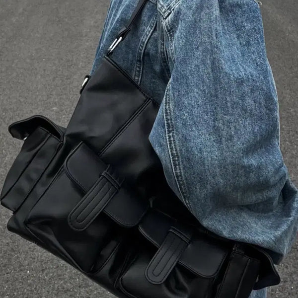 [BUNJANG] Black Two-Pocket Leather Shoulder Bag / 블랙 투포켓 가죽 숄더백