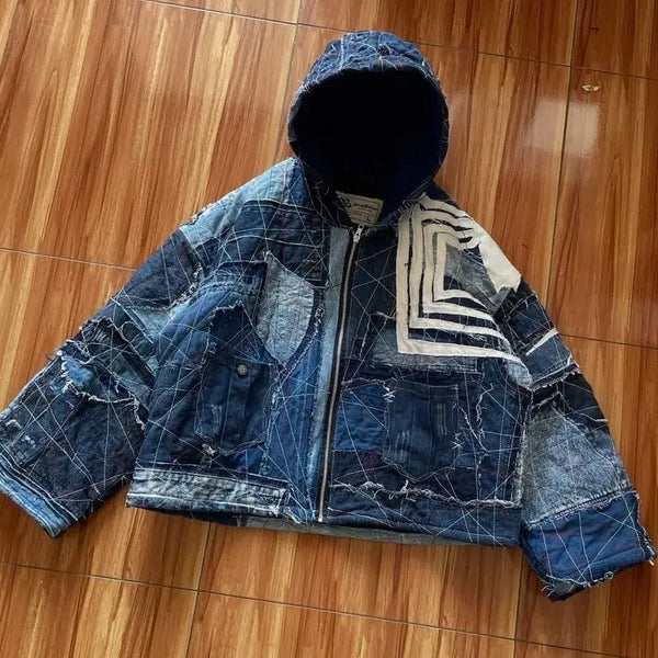 [BUNJANG] Patchwork Denim Hooded Jacket Blue / 패치워크 데님 후드 자켓 블루