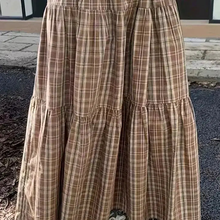 [BUNJANG] Checked Long Skirt Brown / 체크 롱 스커트 브라운