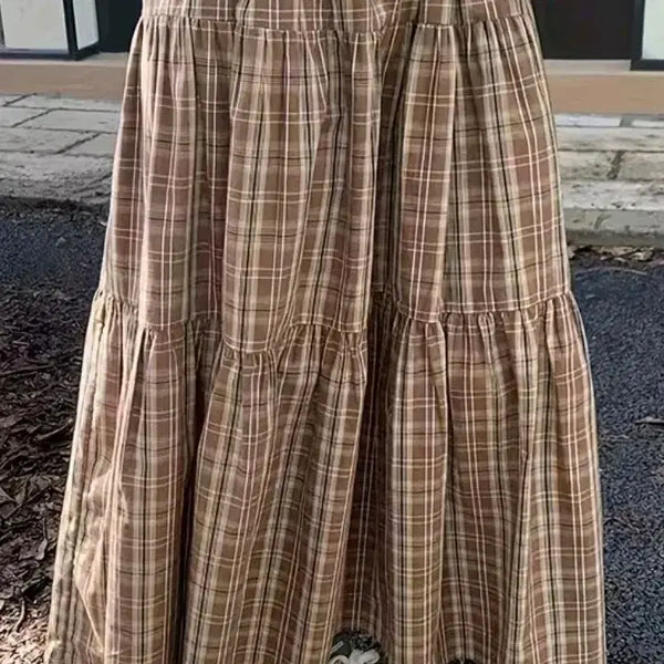 [BUNJANG] Checked Long Skirt Brown / 체크 롱 스커트 브라운